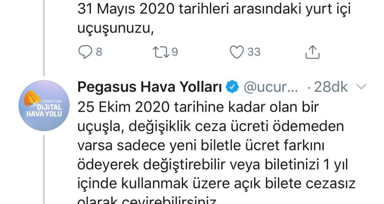 Pegasus’tan yurt içi biletleriyle ilgili duyuru